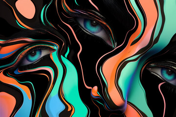 Abstract surrealistic woman face illustration with colourful lines. Digital art. Selective focus. Close up 