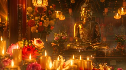 Buddha statue. Golden Enlightenment: Within the hallowed halls of a grand temple, a gilded Buddha statue stands as a beacon of spiritual enlightenment and divine grace.