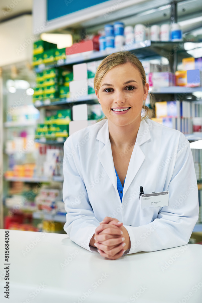 Poster Woman, portrait and pharmacist counter for medicine purchase or healthcare advice, sales or insurance. Female person, face and antibiotic shopping or questions for patient, consulting or prescription