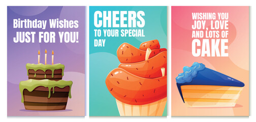 Set of vector bright holiday birthday cards. Banners template with cartoon funny illustrations of cakes and cupcakes.
