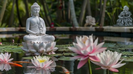 Buddha statue. Lotus of Wisdom: In a tranquil pond shaded by towering trees, a serene Buddha statue sits in graceful repose atop a blooming lotus blossom.