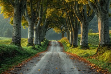Naklejka premium Poplar Tree Lined Road: Symmetrical rows of trees along a country road.