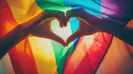 A pair of hands forming a heart shape with a pride flag draped across them. 