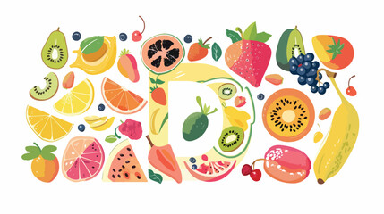 Vector summer fruits and berries alphabet letter D.