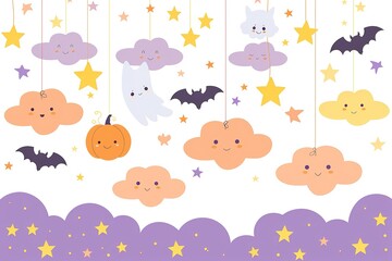 Naklejka premium pumpkins, white ghosts, bats and yellow stars on Purple background. Design elements for Halloween party. Flat cartoon illustration.