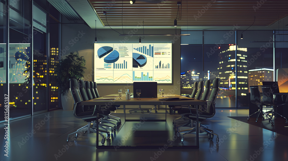 Poster Modern Empty Meeting Room with Big Conference Table with Various Documents and Laptop on it Wall TV Showing Companys Growth Statistics Graphs and Pie Charts Late Evening or Night City  : Generative AI