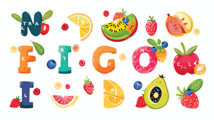 Vector summer fruits and berries alphabet letter F