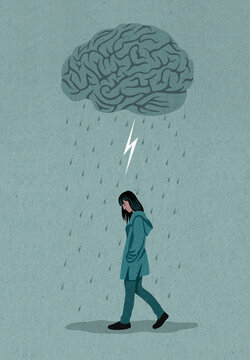 Sad girl walking under brain storm cloud