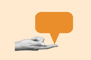 Contemporary collage with a hand holding huge dialogue bubble.