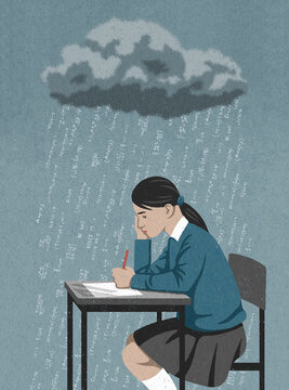 Schoolgirl under cloud raining mathematical formulae
