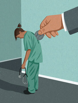 Hand inserting coin into back of exhausted nurse