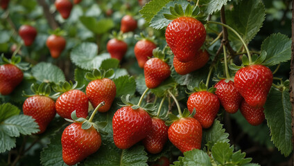 There are many strawberries on green vines with green leaves in the background. The strawberries are red and appear to be ripe.

 - Powered by Adobe