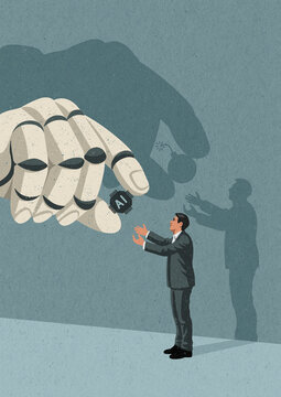 Robot giving businessman AI microchip with bomb shadow