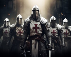 Naklejka premium Knights Templar their path lit by the cross in the soft light of sunset