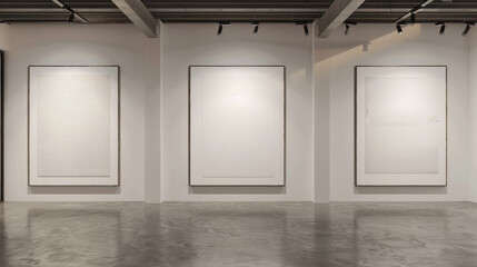 A contemporary art gallery with three massive plain white frames, each hosting a subtle, textured white canvas.