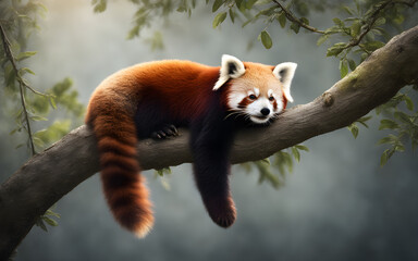 Red panda napping on a tree branch