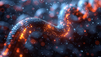 A glowing DNA strand with a blue background. The image has a futuristic and scientific feel to it