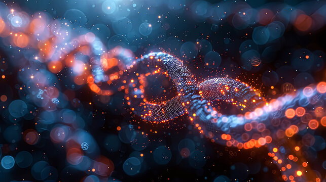 A glowing DNA strand with a blue background. The image has a futuristic and scientific feel to it