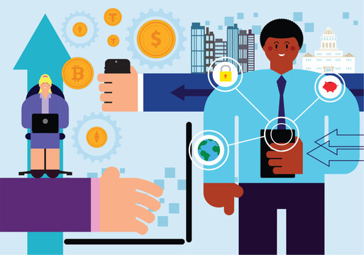 City businesspeople trading in cryptocurrency