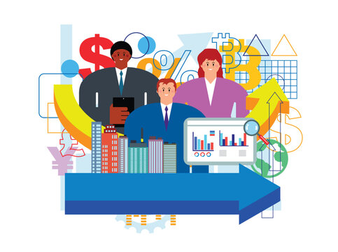 City businesspeople and global currencies