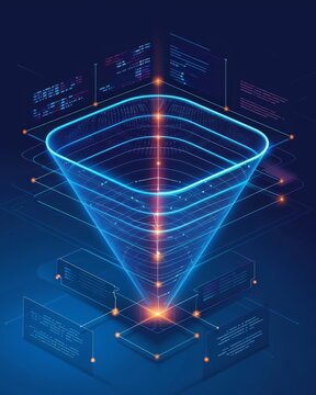 Digital sales funnel concept with a glowing wireframe and stages labeled on a blue gradient background