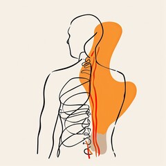 Back Pain One-Line Drawing: Simple Figure Outline, Black on White with Orange Highlight, Minimalistic Design