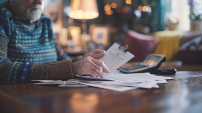 Older adult checks finances at table, calm family home around. Financial planning in senior years at a comfortable home.