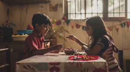 Brother and sister enjoy sweets, Raksha Bandhan, simple decor. Raksha Bandhan celebration with sweets and simple decorations.
