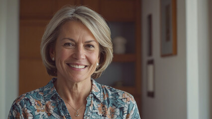 A headshot of a smiling older woman with short brown hair. She is wearing a blue and white floral shirt and is sitting in a living room.