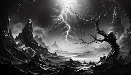 black and white withered tree on barren land dark abyss scene illustration with thunder lightning. ai generative.