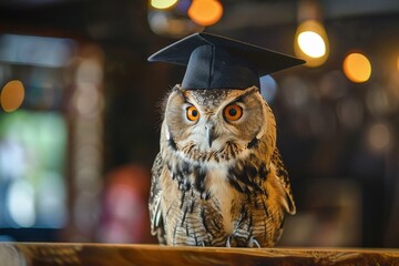 An owl wearing a bachelor cap for graduation concept.