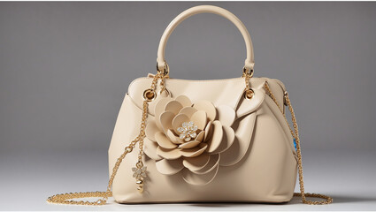 This is an image of a beige handbag with a flower-shaped embellishment on the front. 