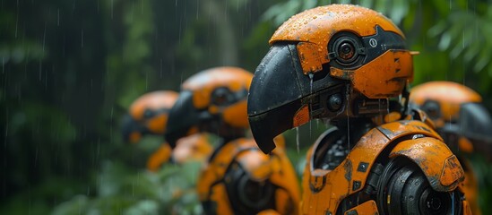 orange robot bird army soldiers in the forest. 