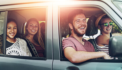 Fototapeta premium Friends, happy and road trip in car for travel, together and journey with explore, adventure and vacation. People, smile and excited in van or suv with transport for summer, crazy drive and freedom