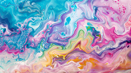 Fluid forms made of acrylic pouring with soft pastel colours, iridescent background. Generative AI