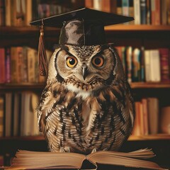 An owl wearing a bachelor cap for graduation concept.