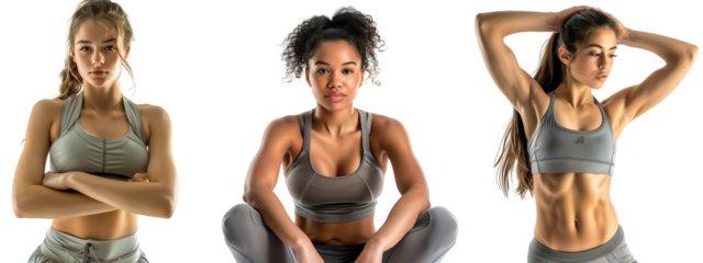 Set of fitness woman in sportwear, firm body, isolate on transparent background