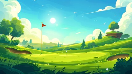 An idyllic golf course landscape, with green grass, pole flags, holes for balls, and trees near blue skies and bright sun. Place for recreational sport, Modern illustration, Cartoon background.
