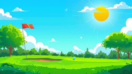 A golf course landscape with green grass, pole flags, hole for balls, and trees beneath a blue sky with bright sun shining. Ideal place for a tranquil recreational sport, cartoon background, modern