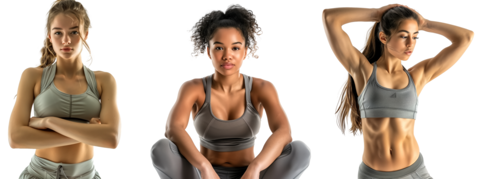 Set of fitness woman in sportwear, firm body, isolate on transparent background