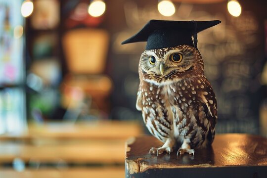 An owl wearing a bachelor cap for graduation concept.
