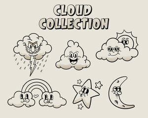set bundle retro cartoon clouds no color illustration