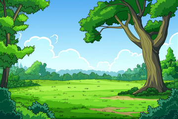 Fototapeta premium Cartoon background of a green grassland with trees and a blue sky