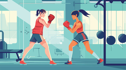 Woman boxing with trainer in gym. Box coach with hand