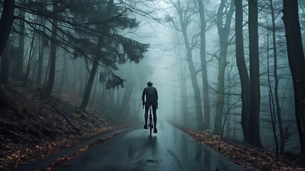 cyclist in a misty forest