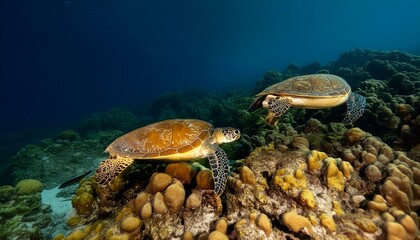Obraz premium Turquoise Tranquility: Swimming Sea Turtles.Capturing Aquatic Life. Vivid Blue Ocean Serenity.sea, underwater, turtle, water, coral, nature, ocean, fish