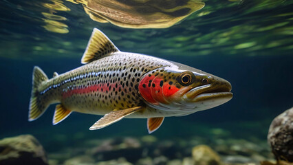 Naklejka premium Trout Swimming Hunting For Food In Its Natural Habitat Underwater Photography Style 300 PPI High Resolution Image