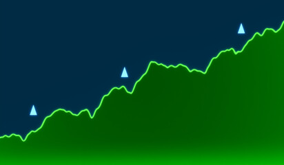 Obraz premium Rising green chart with blue arrows up. Stock exchange, bull market, moving up, investment, growth, wealth, business.