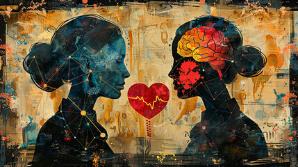 Two women with hearts in their heads. The heart is red and the women are connected by a line