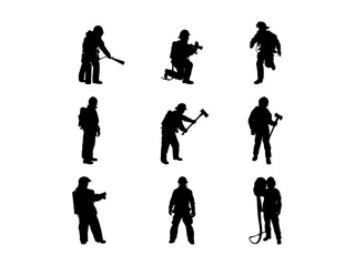 Set of Fireman Silhouette in various poses isolated on white background